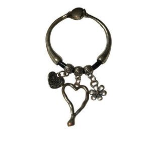 Silver Bangle Bracelet with Heart and Clover Charms